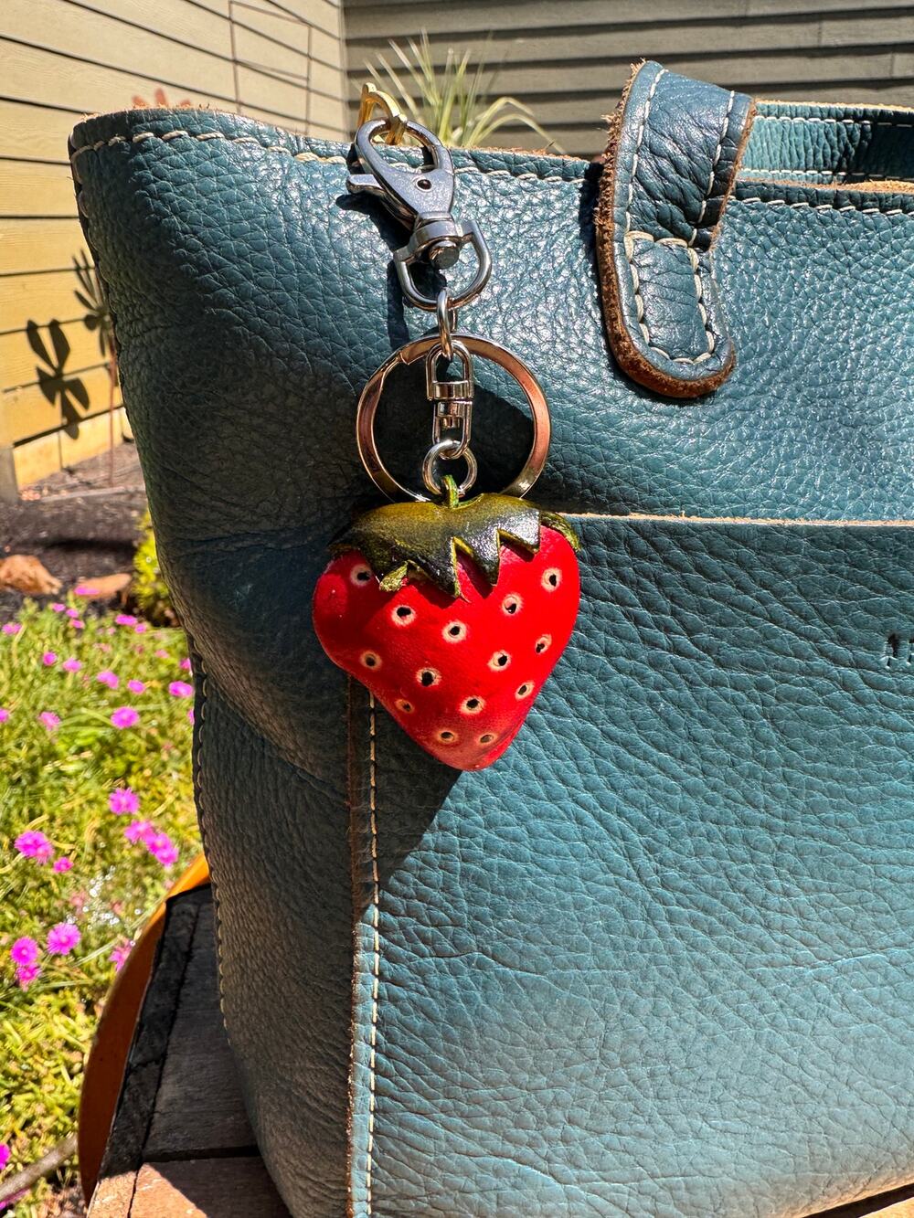 Genuine Leather Strawberry Purse Charm Hand Painted Strawberry Fruit Bag Charm